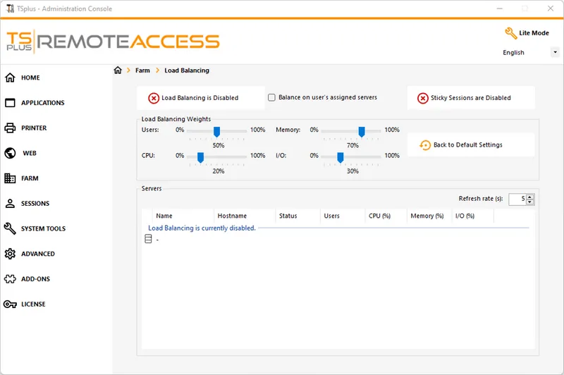 Screenshot of TSplus Remote Access administrator console - Load Balancing