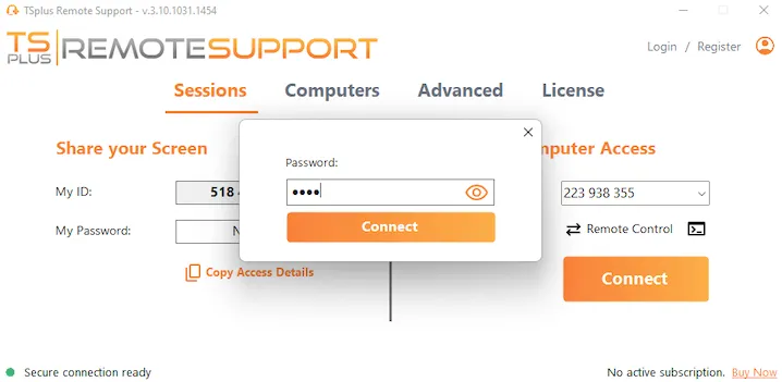 Screenshot of TSplus Remote Support password window for establishing remote support connection. Enter 4 digit passcode here.